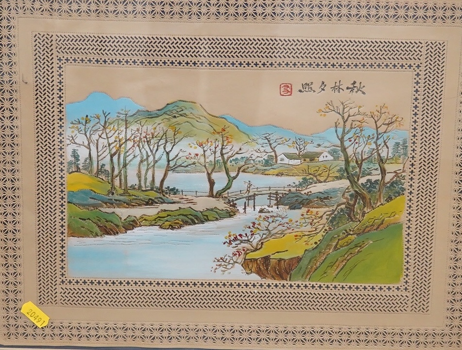 Chinese school, set of four watercolour and gouaches on punched leather, The Four Seasons, signed with character marks and red seal mark, 30 x 40cm. Condition - good